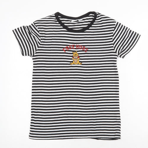 Disney Womens Black Striped Polyester Basic T-Shirt Size XS Round Neck - Winnie the Pooh Free Hugs