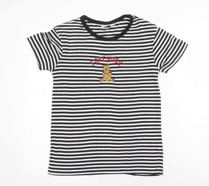 Disney Womens Black Striped Polyester Basic T-Shirt Size XS Round Neck - Winnie the Pooh Free Hugs
