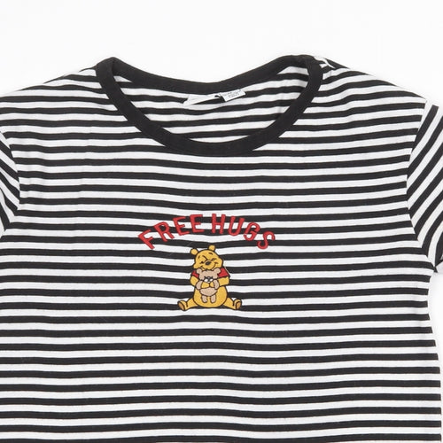 Disney Womens Black Striped Polyester Basic T-Shirt Size XS Round Neck - Winnie the Pooh Free Hugs