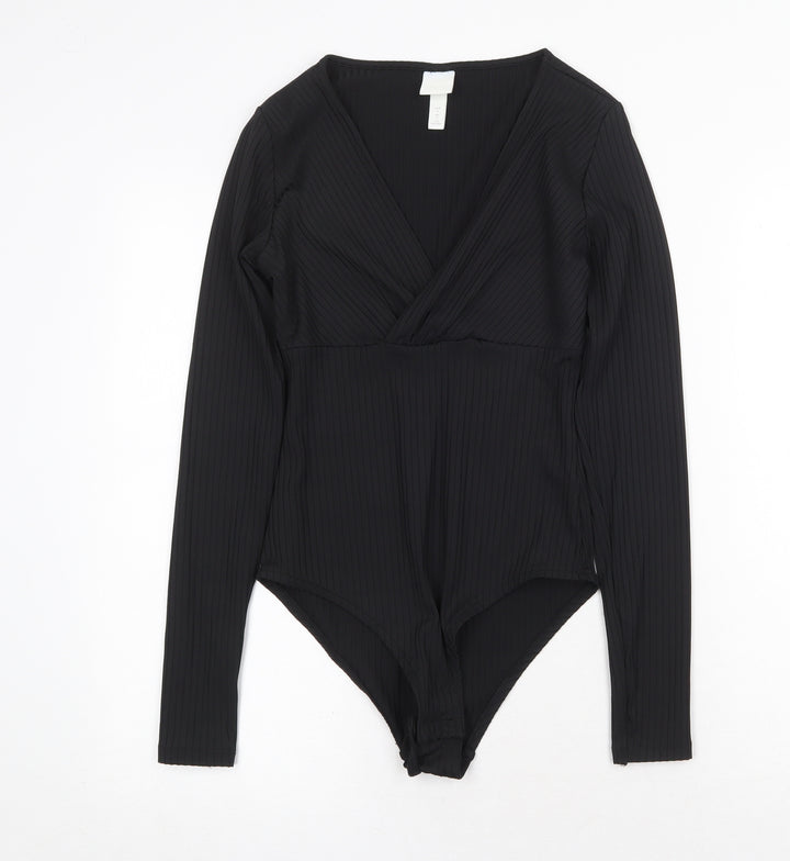 H&M Womens Black Polyester Bodysuit One-Piece Size S Snap - Ribbed