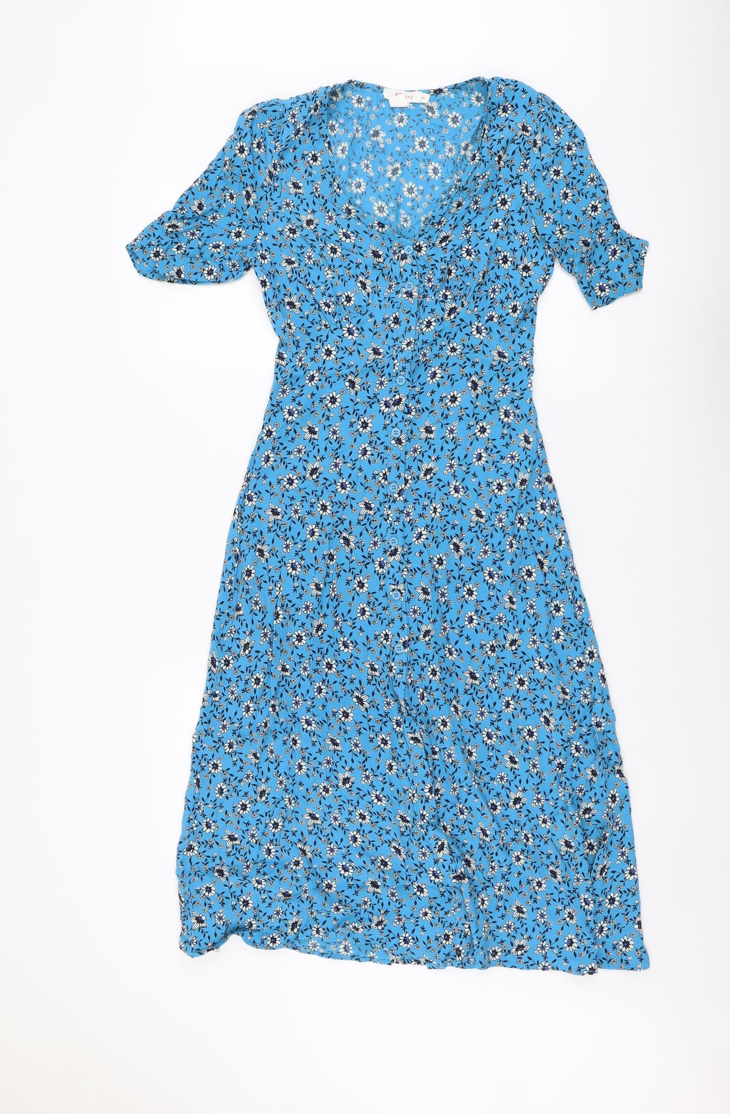 Finrey Womens Blue Floral Viscose A-Line Size 8 V-Neck Button