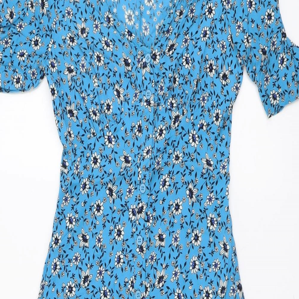Finrey Womens Blue Floral Viscose A-Line Size 8 V-Neck Button