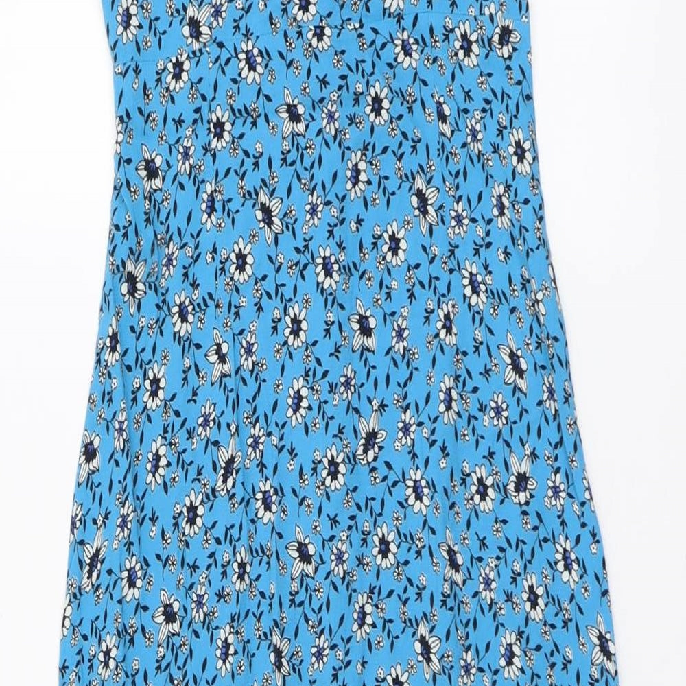 Finrey Womens Blue Floral Viscose A-Line Size 8 V-Neck Button