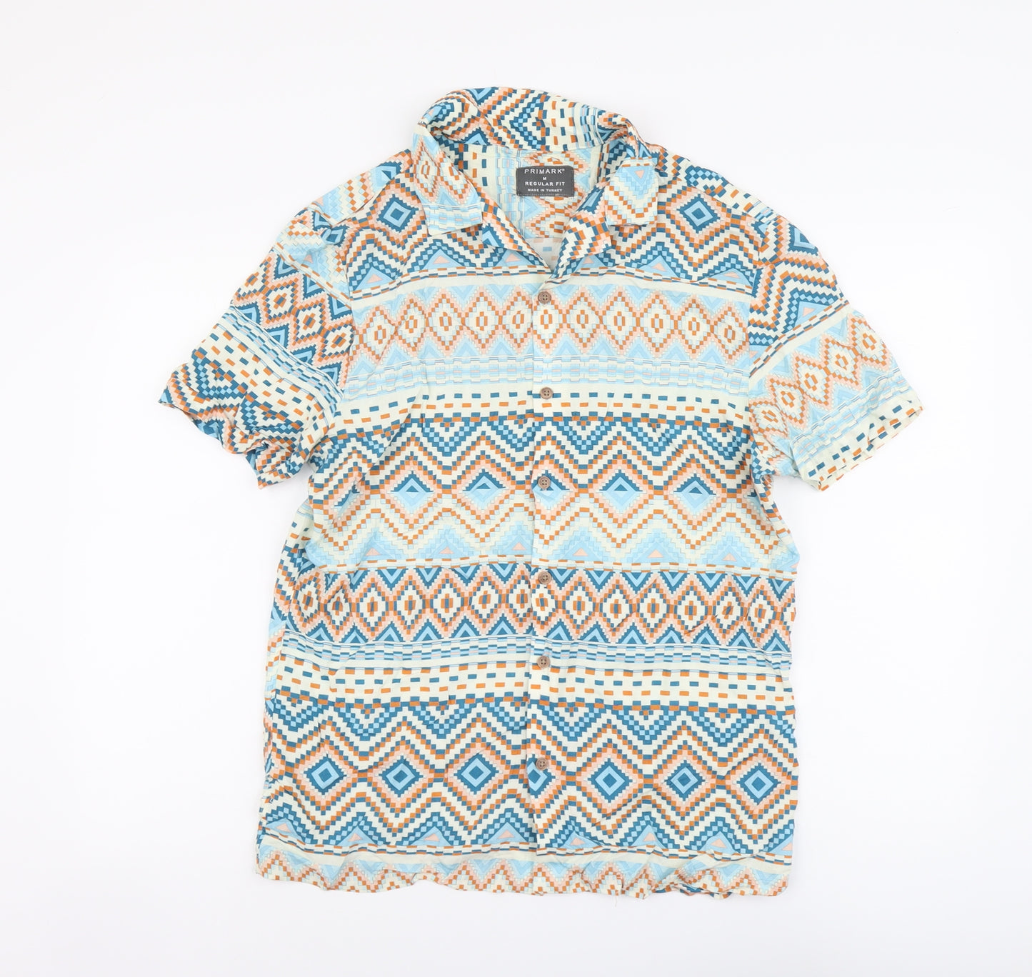 Primark Mens Multicoloured Geometric Viscose Button-Up Size M Collared Button