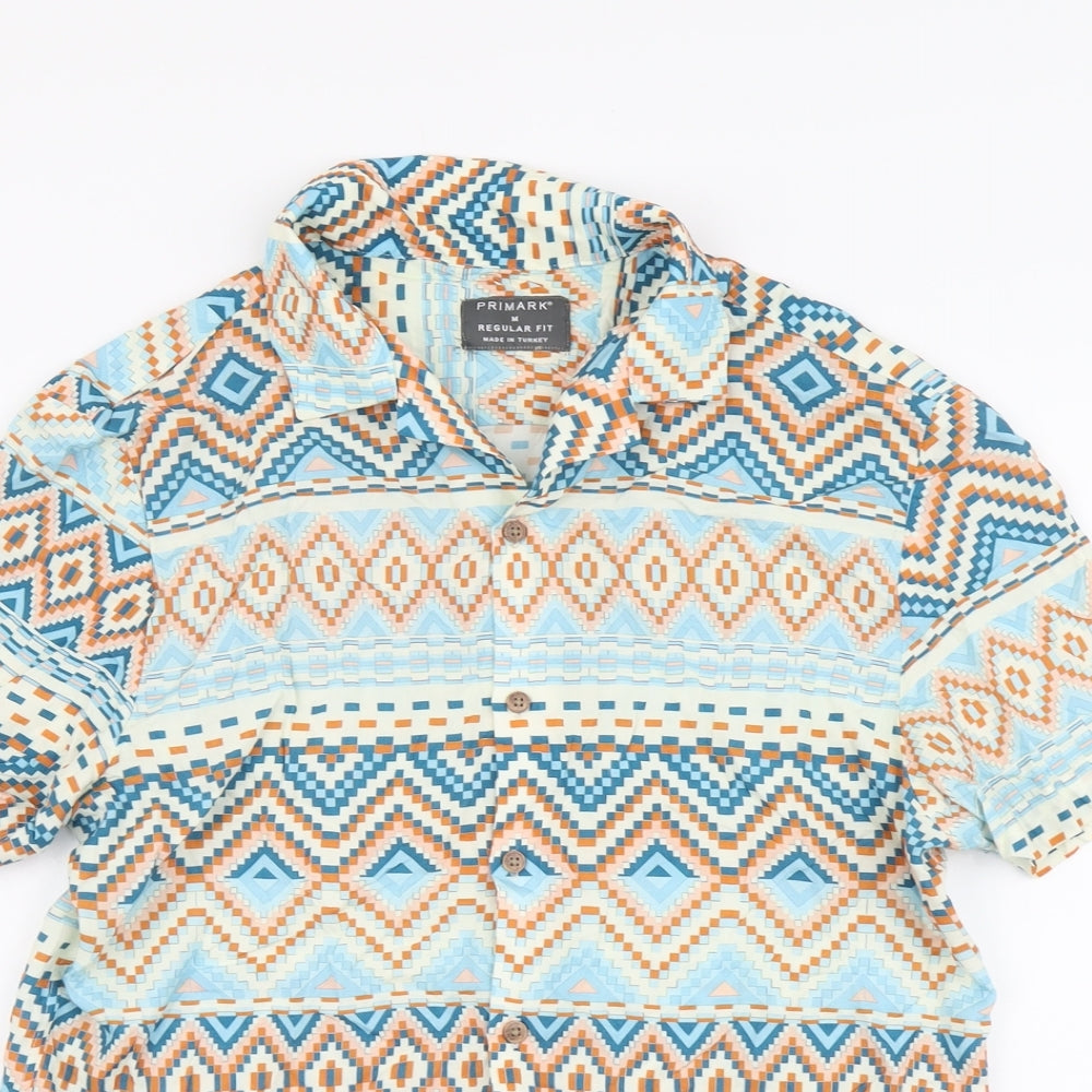 Primark Mens Multicoloured Geometric Viscose Button-Up Size M Collared Button
