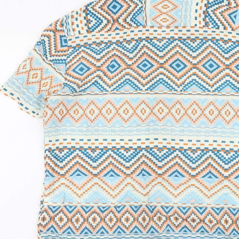 Primark Mens Multicoloured Geometric Viscose Button-Up Size M Collared Button
