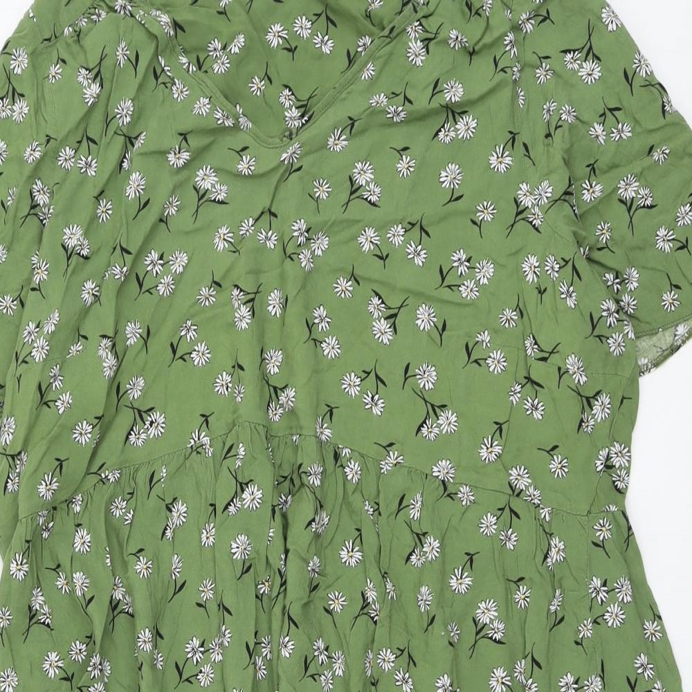 Evans Womens Green Floral Viscose T-Shirt Dress Size 22 V-Neck Pullover