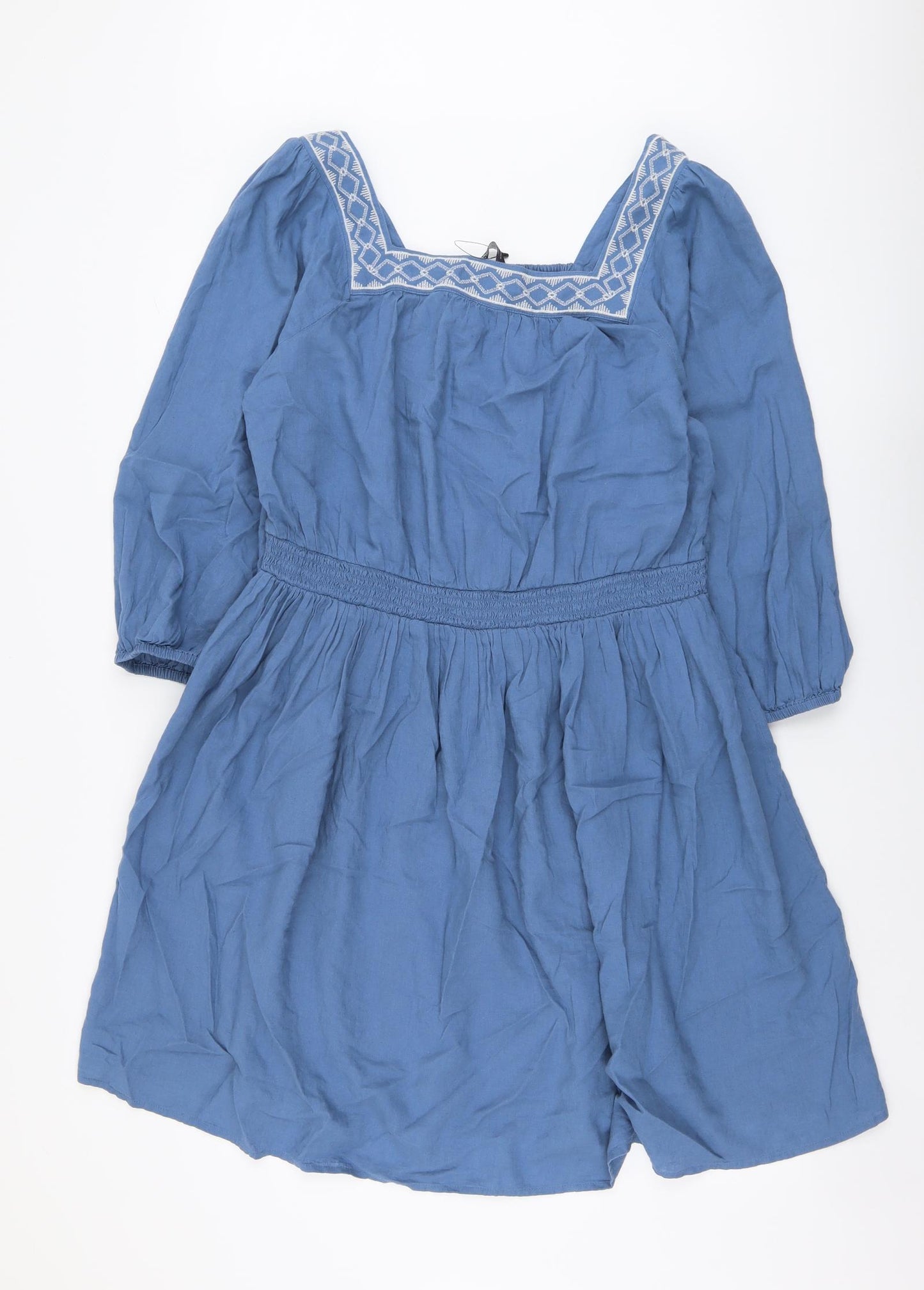Marks and Spencer Womens Blue Linen Skater Dress Size 14 Square Neck Pullover - Embroidered Neckline