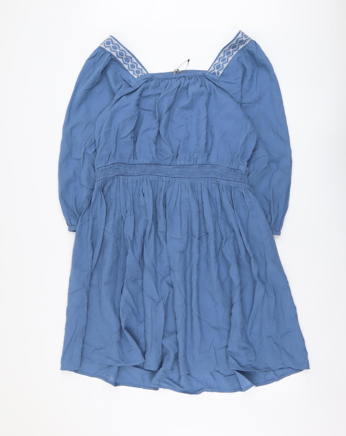 Marks and Spencer Womens Blue Linen Skater Dress Size 14 Square Neck Pullover - Embroidered Neckline