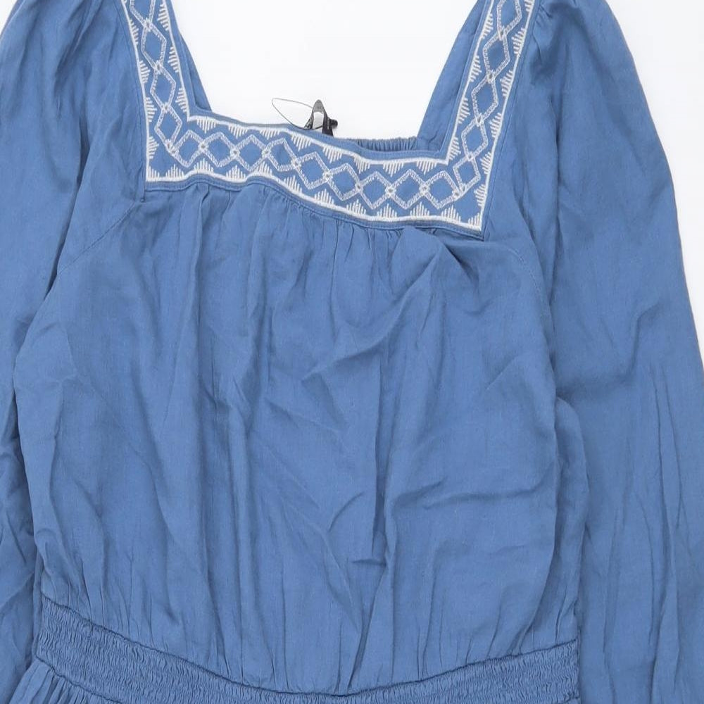 Marks and Spencer Womens Blue Linen Skater Dress Size 14 Square Neck Pullover - Embroidered Neckline