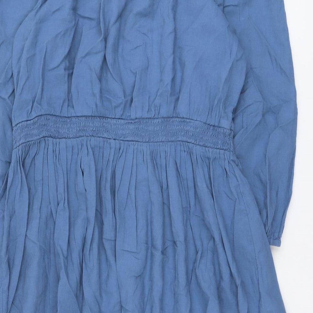 Marks and Spencer Womens Blue Linen Skater Dress Size 14 Square Neck Pullover - Embroidered Neckline