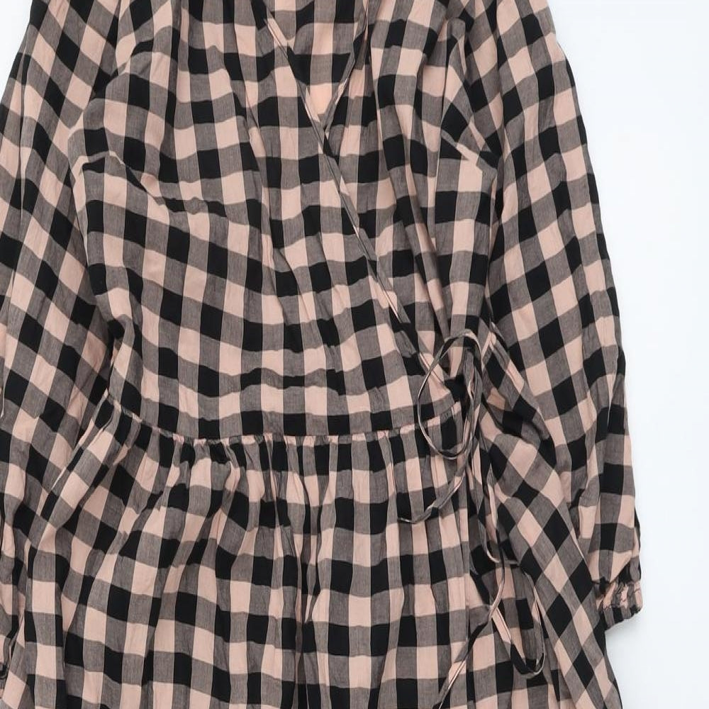 Stockholm Atelier Womens Black Plaid Cotton Wrap Dress Size 10 V-Neck Tie