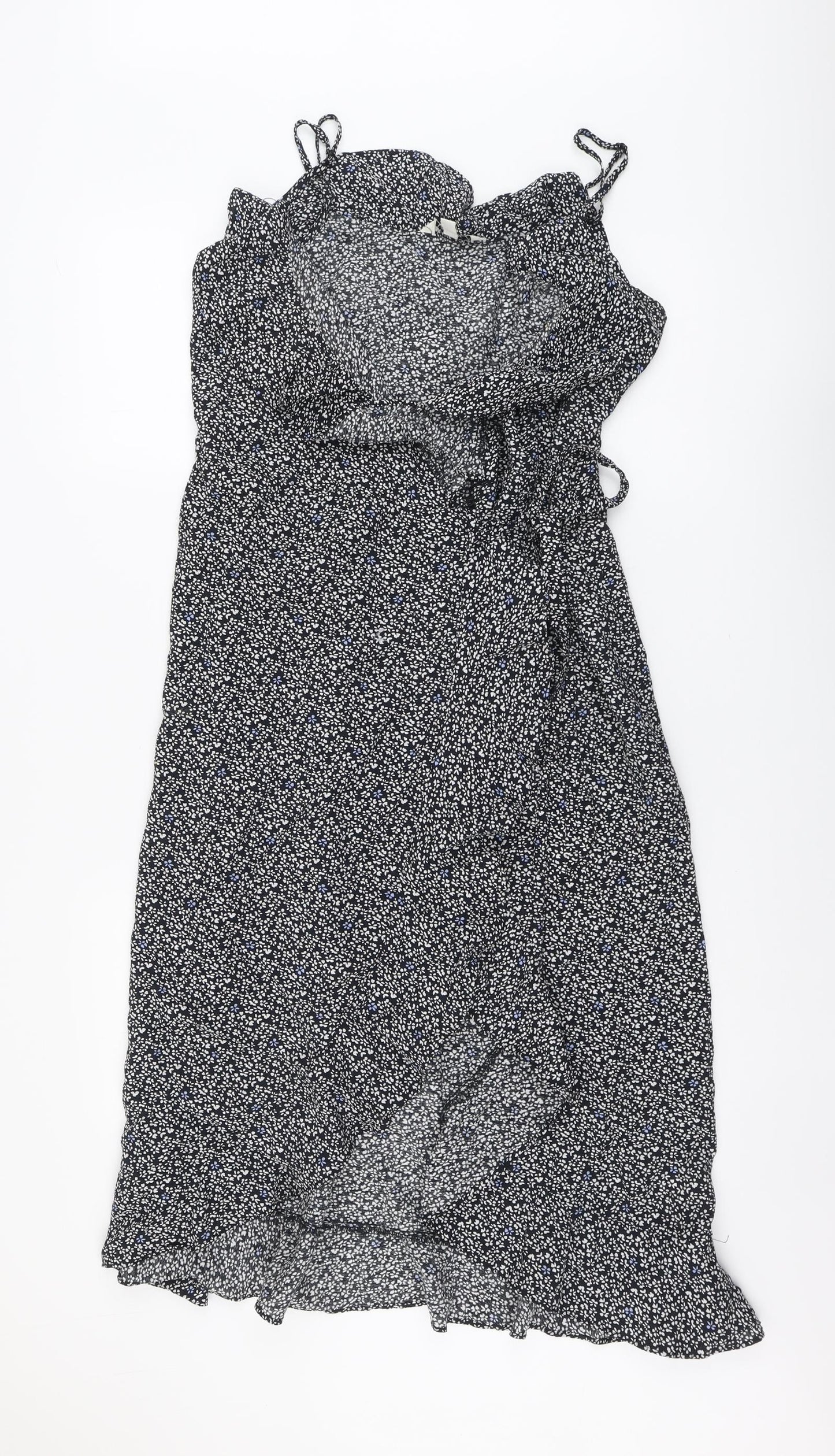 Brave Soul Womens Black Geometric Viscose Wrap Dress Size S V-Neck Tie