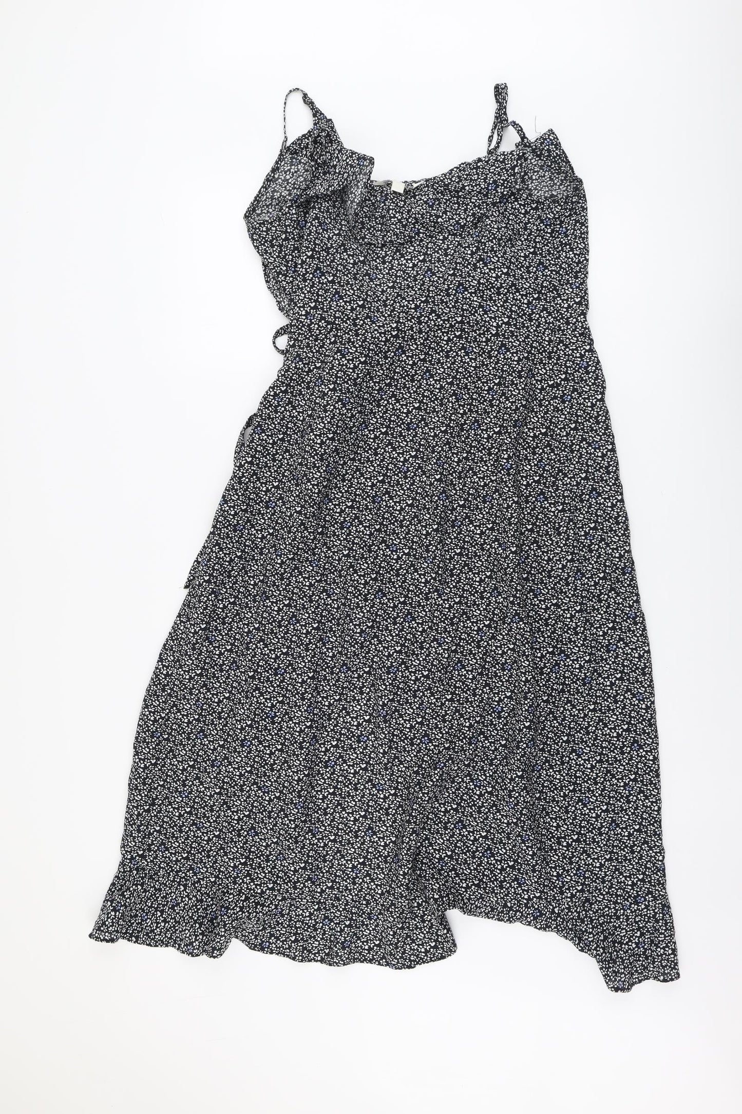 Brave Soul Womens Black Geometric Viscose Wrap Dress Size S V-Neck Tie