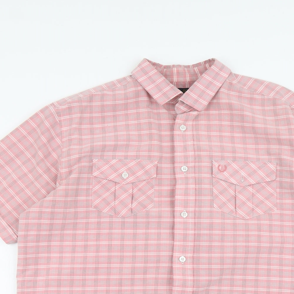 Lincoln Mens Pink Plaid Viscose Button-Up Size L Collared Button