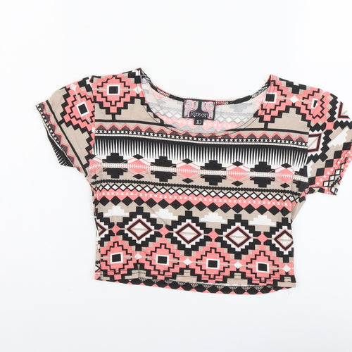 Ribbon Womens Multicoloured Geometric Viscose Cropped T-Shirt Size 10 Round Neck