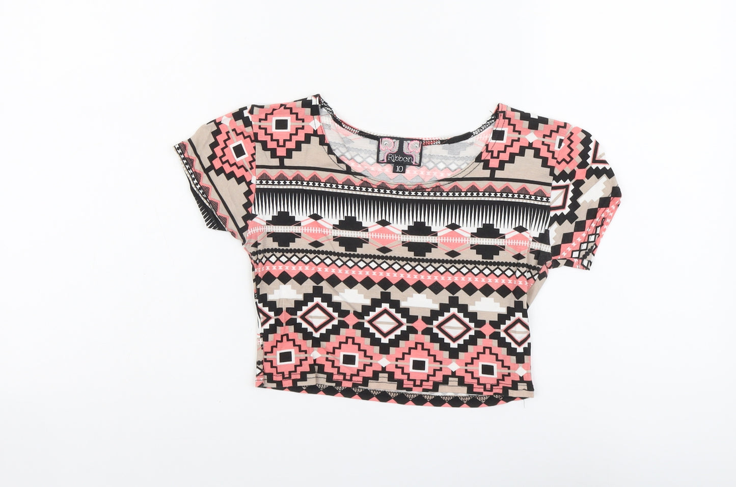 Ribbon Womens Multicoloured Geometric Viscose Cropped T-Shirt Size 10 Round Neck