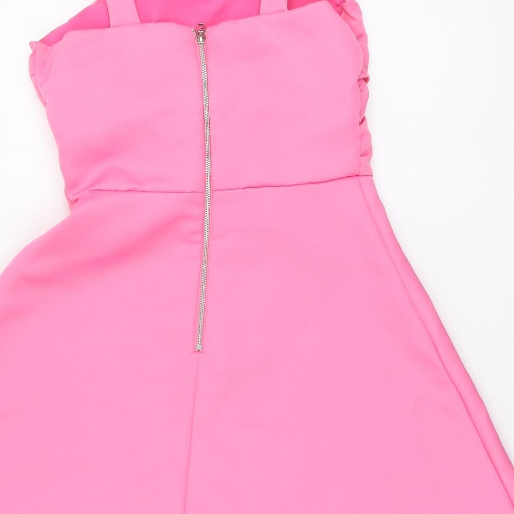 River Island Girls Pink Polyester Skater Dress Size 12 Years Square Neck Zip