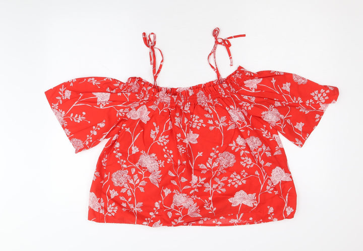 H&M Womens Red Floral 100% Cotton Cropped Blouse Size 10 Off the Shoulder