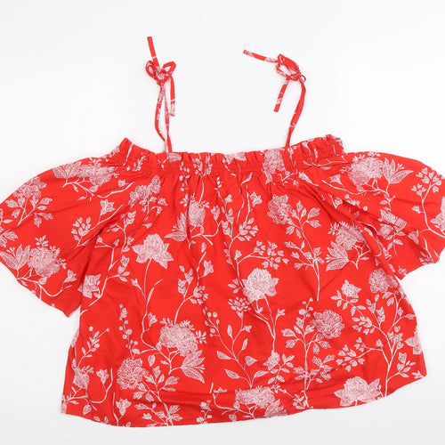 H&M Womens Red Floral 100% Cotton Cropped Blouse Size 10 Off the Shoulder