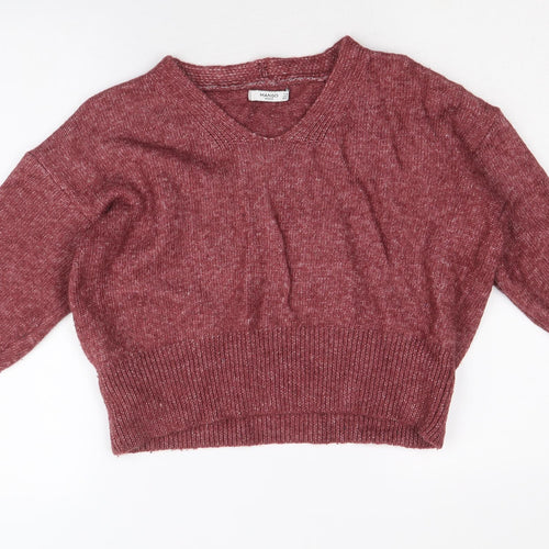 Mango Womens Red V-Neck Acrylic Pullover Jumper Size S