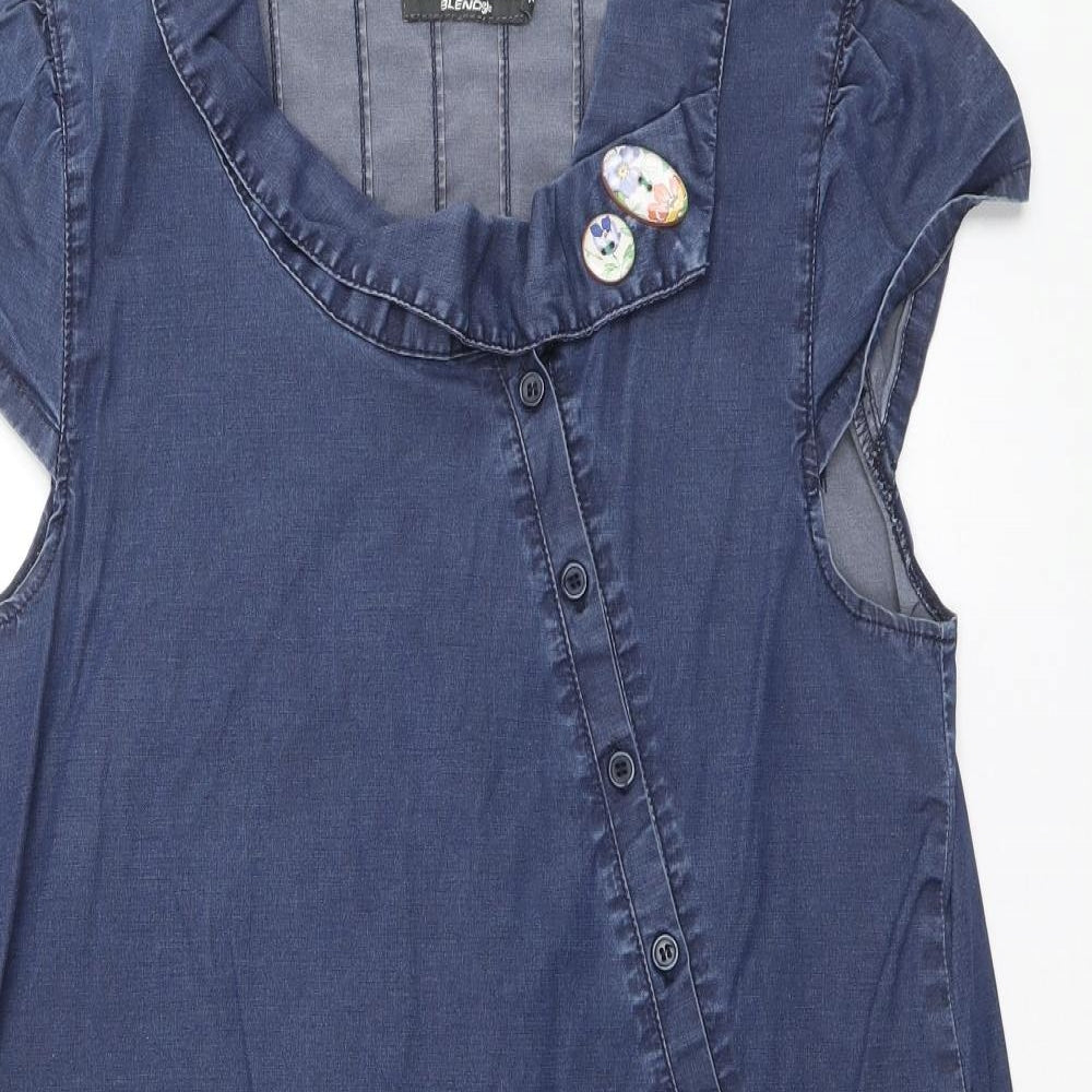 Blend Womens Blue Cotton A-Line Size L Round Neck Button