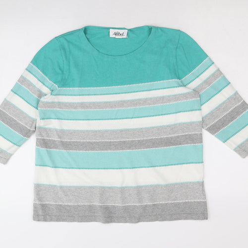 Afibel Womens Blue Round Neck Striped Cotton Pullover Jumper Size 12