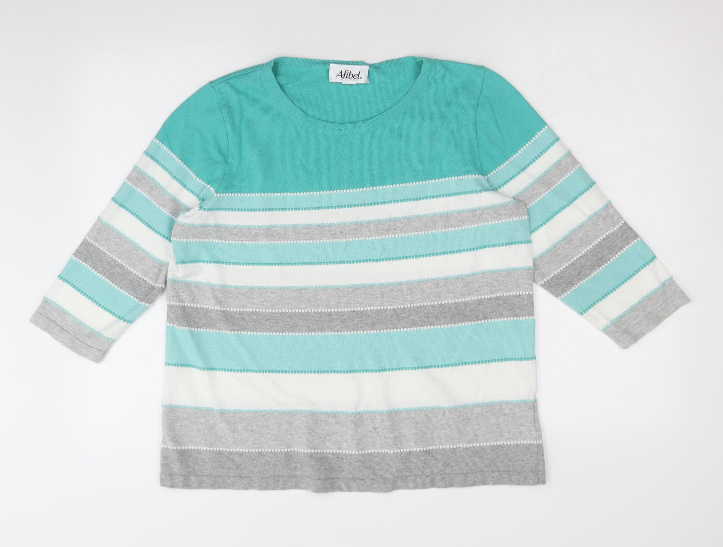 Afibel Womens Blue Round Neck Striped Cotton Pullover Jumper Size 12