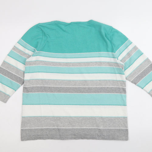 Afibel Womens Blue Round Neck Striped Cotton Pullover Jumper Size 12