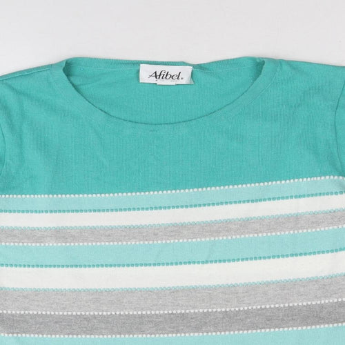 Afibel Womens Blue Round Neck Striped Cotton Pullover Jumper Size 12
