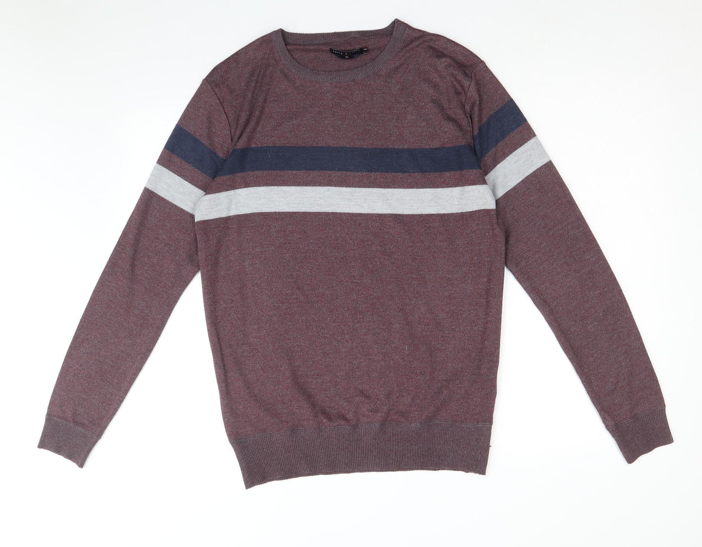 Smith & Jones Mens Red Square Neck Striped Polyester Pullover Jumper Size M Long Sleeve