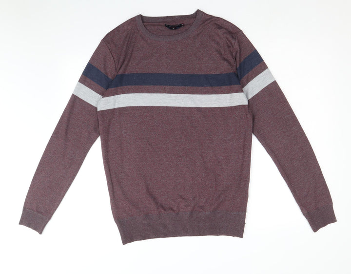 Smith & Jones Mens Red Square Neck Striped Polyester Pullover Jumper Size M Long Sleeve