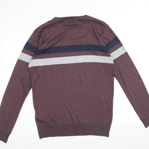Smith & Jones Mens Red Square Neck Striped Polyester Pullover Jumper Size M Long Sleeve