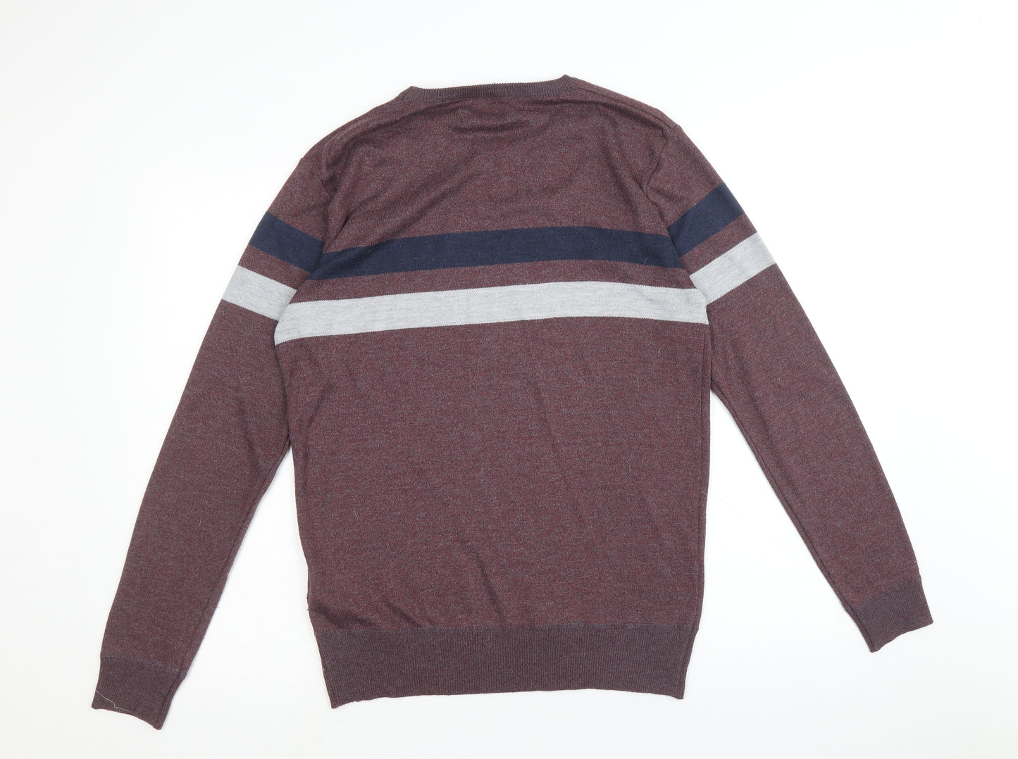 Smith & Jones Mens Red Square Neck Striped Polyester Pullover Jumper Size M Long Sleeve