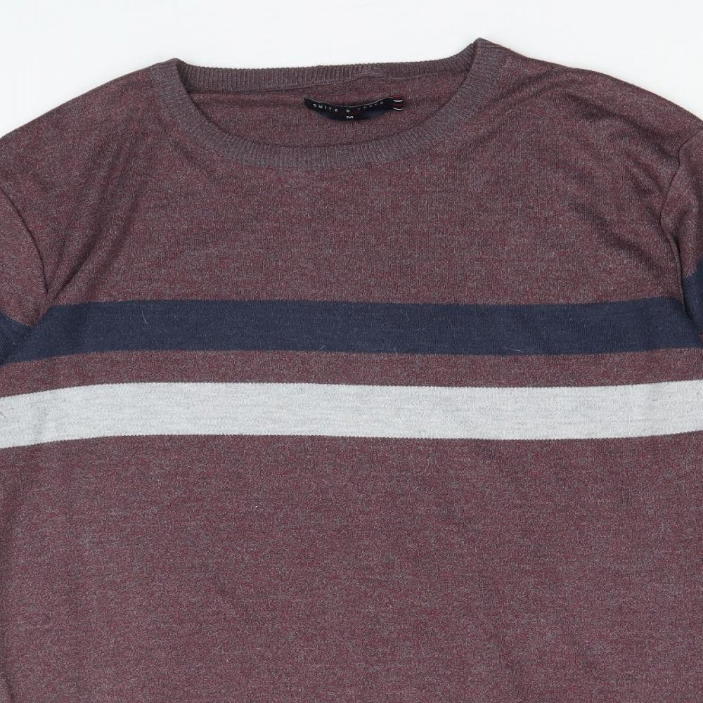 Smith & Jones Mens Red Square Neck Striped Polyester Pullover Jumper Size M Long Sleeve