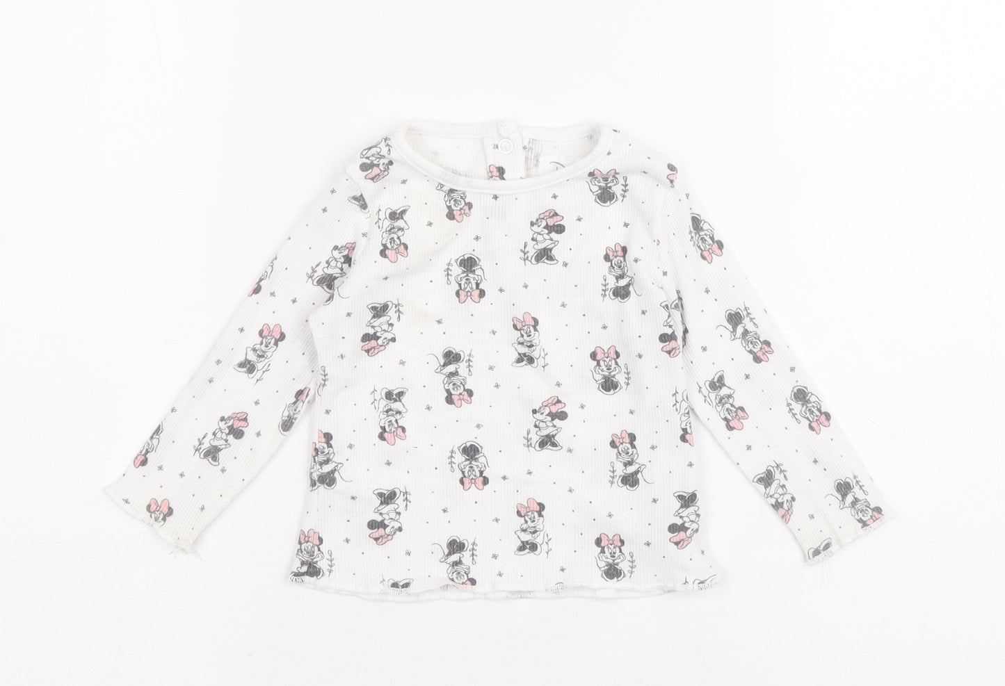 Primark Girls White Geometric 100% Cotton Pullover T-Shirt Size 6-9 Months Boat Neck Snap - Minnie Mouse Print