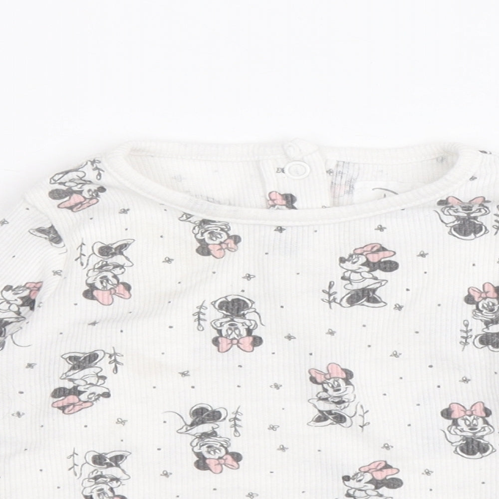 Primark Girls White Geometric 100% Cotton Pullover T-Shirt Size 6-9 Months Boat Neck Snap - Minnie Mouse Print