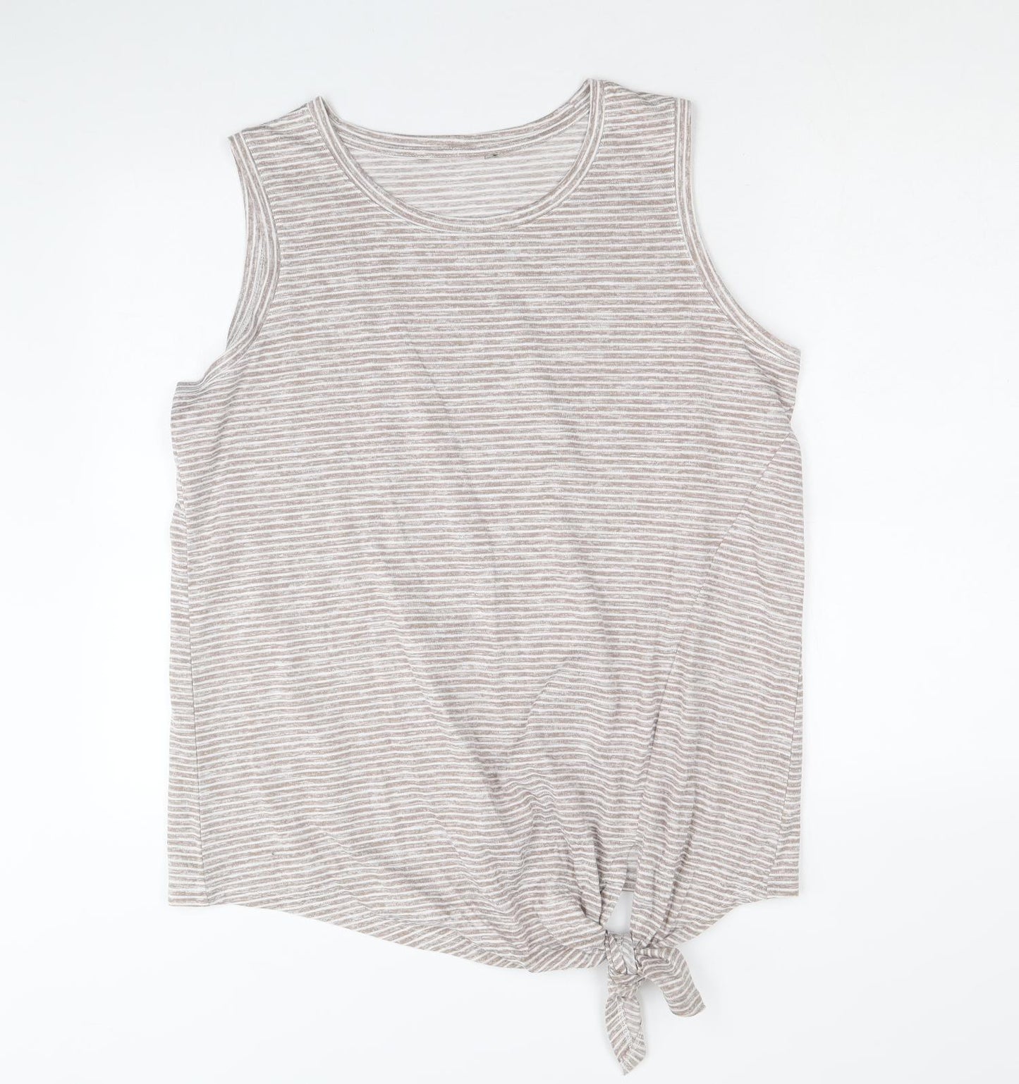 Preworn Womens Brown Striped Polyester Basic Tank Size 18 Round Neck - Knot Front