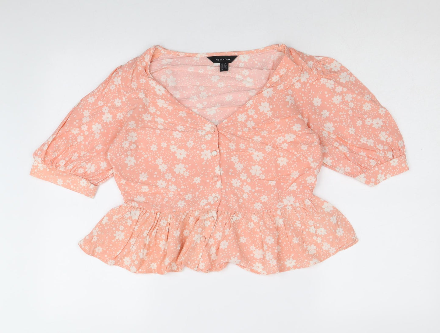 New Look Womens Orange Floral Viscose Basic Blouse Size 12 V-Neck