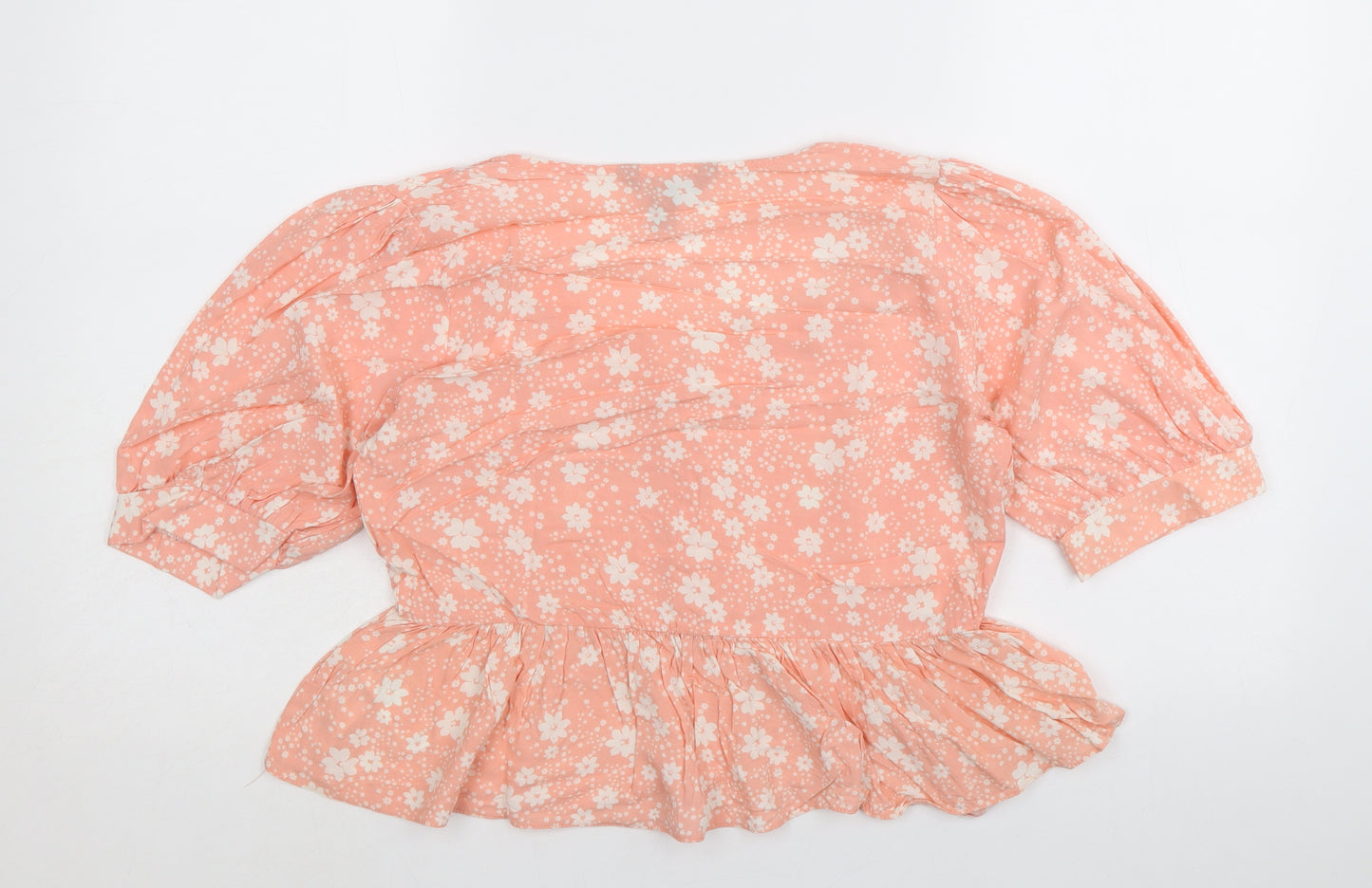 New Look Womens Orange Floral Viscose Basic Blouse Size 12 V-Neck