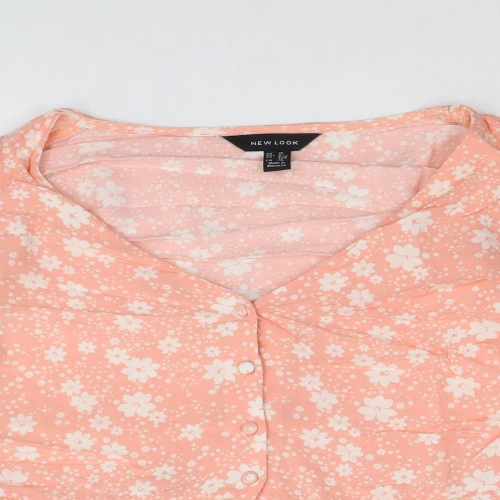 New Look Womens Orange Floral Viscose Basic Blouse Size 12 V-Neck