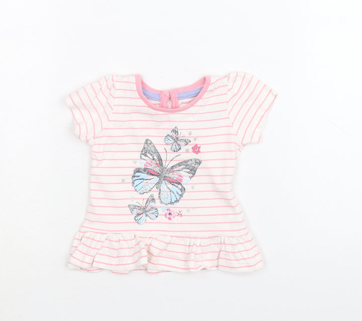 Primark Girls Pink Striped 100% Cotton A-Line Size 3-6 Months Round Neck Button - Butterfly