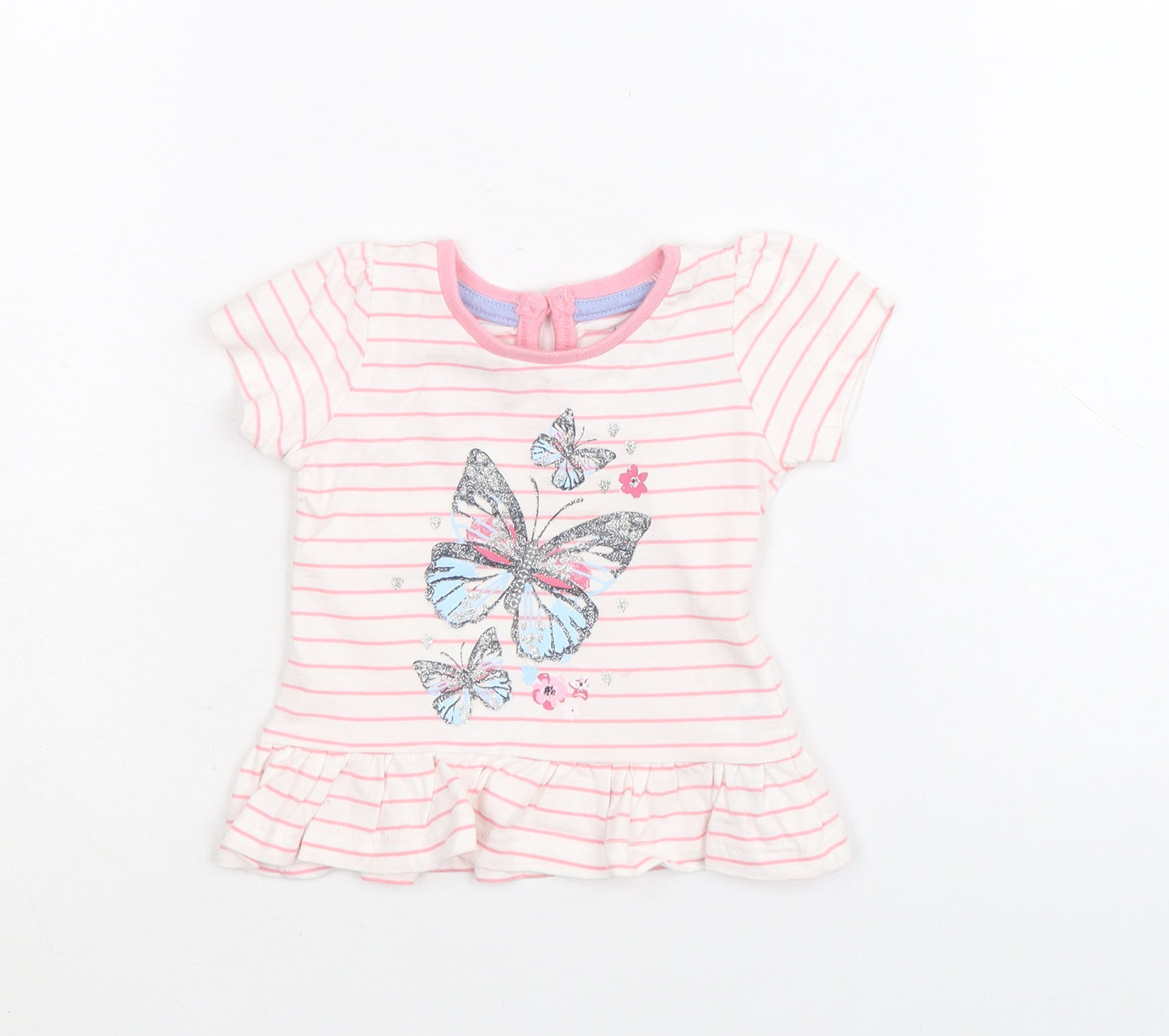Primark Girls Pink Striped 100% Cotton A-Line Size 3-6 Months Round Neck Button - Butterfly