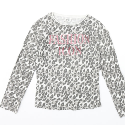 Young Dimension Girls Beige Animal Print Cotton Basic Casual Size 9-10 Years Round Neck Pullover - Leopard Pattern Fashion Icon