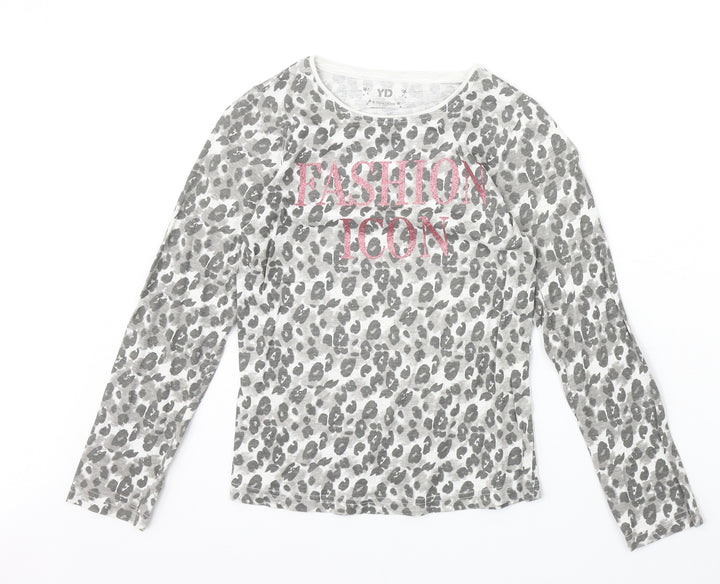 Young Dimension Girls Beige Animal Print Cotton Basic Casual Size 9-10 Years Round Neck Pullover - Leopard Pattern Fashion Icon