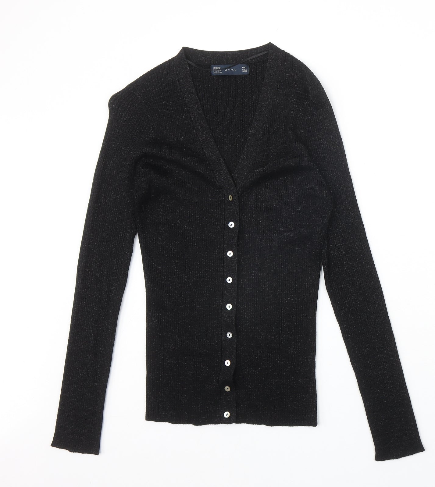 Zara Womens Black V-Neck Acrylic Cardigan Jumper Size L