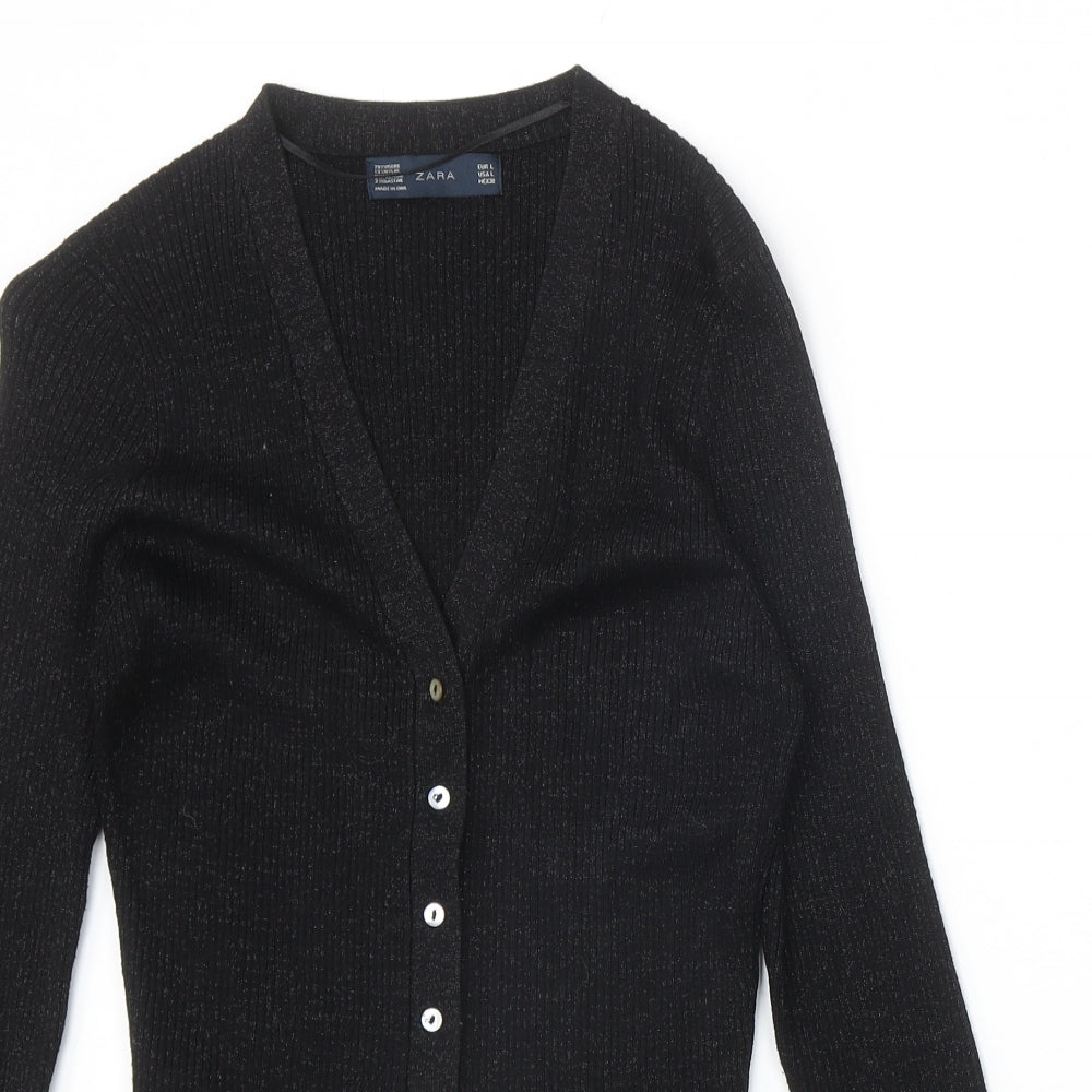 Zara Womens Black V-Neck Acrylic Cardigan Jumper Size L