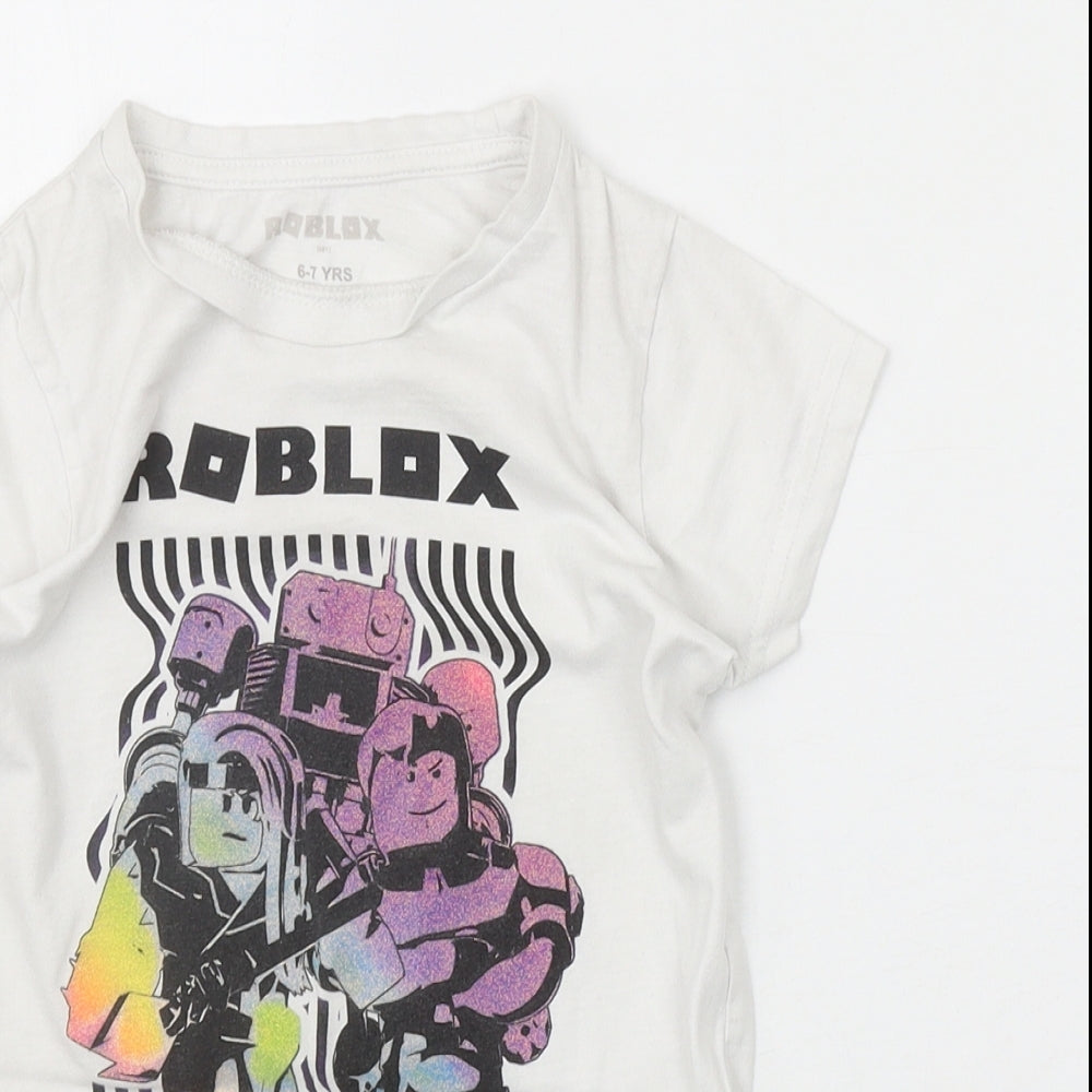 Preworn Boys Ivory 100% Cotton Basic T-Shirt Size 6-7 Years Round Neck Pullover - Roblox