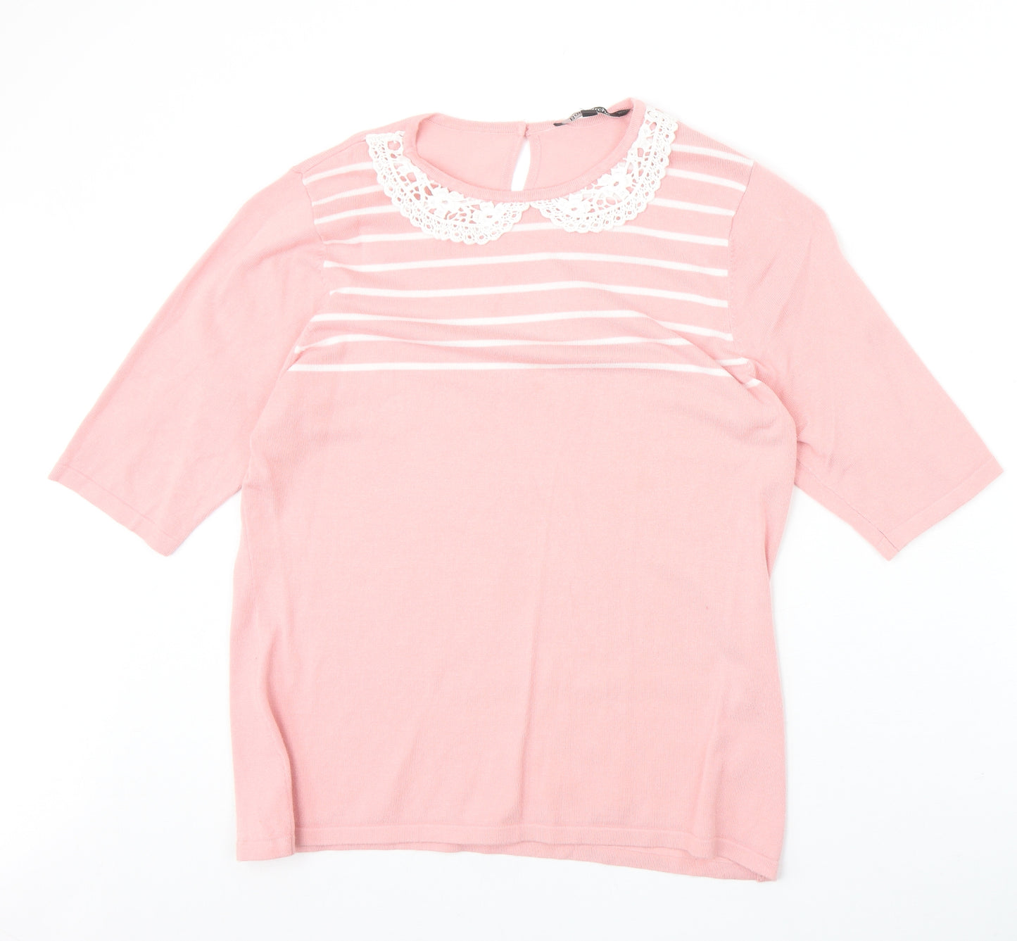 Bonmarché Womens Pink Striped Viscose Basic Blouse Size 16 Scoop Neck - Crochet Peter Pan Collar