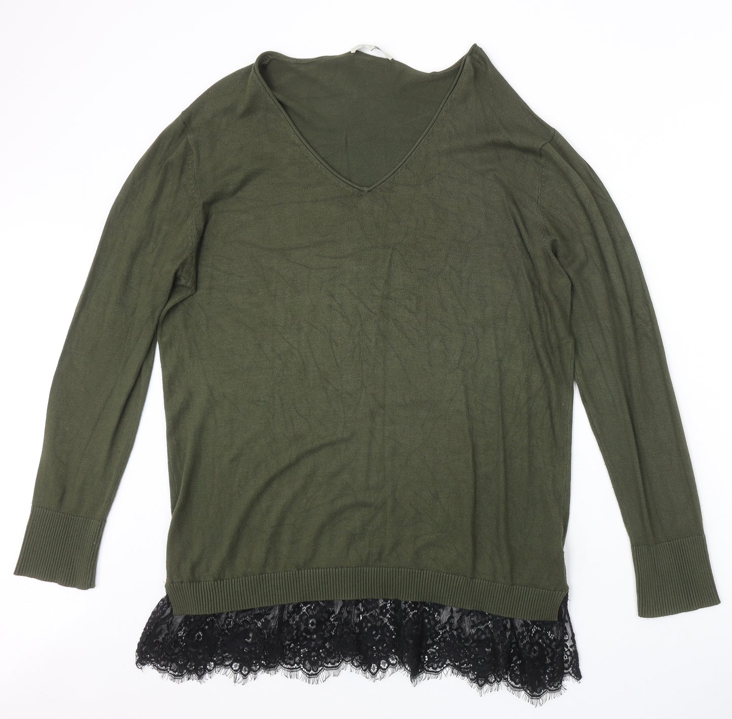 Peacocks Womens Green V-Neck Viscose Pullover Jumper Size 18 - Lace trim